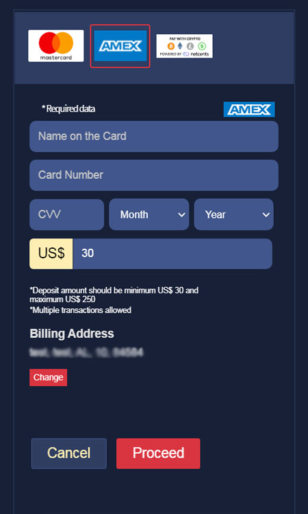 Deposit using AMEX