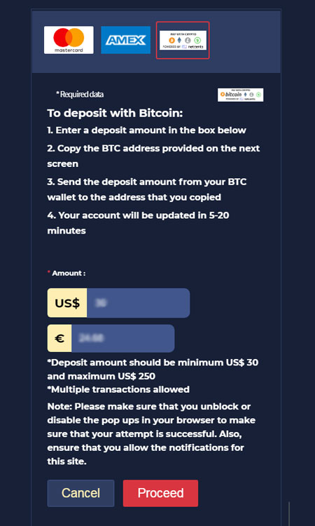 Deposit using Bitcoin powered by netcents