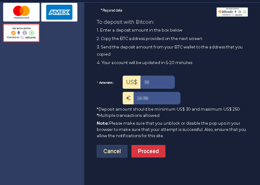 Deposit using Bitcoin powered by netcents