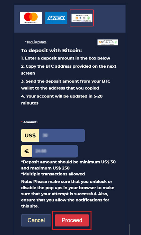 Deposit using Bitcoin powered by netcents