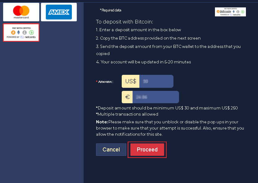 Deposit using Bitcoin powered by netcents