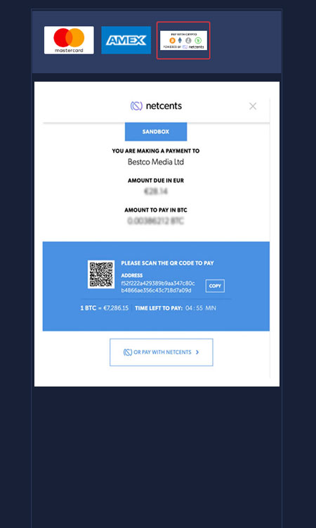 Deposit using Bitcoin powered by netcents