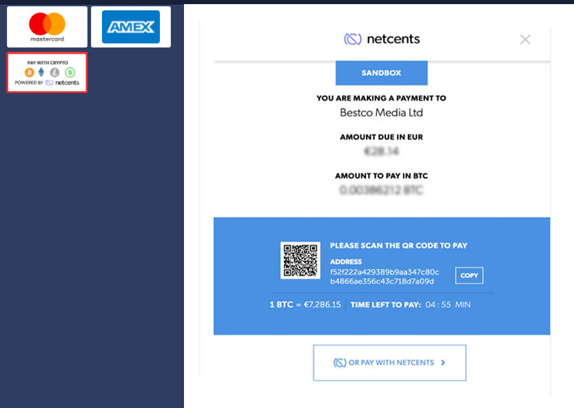 Deposit using Bitcoin powered by netcents