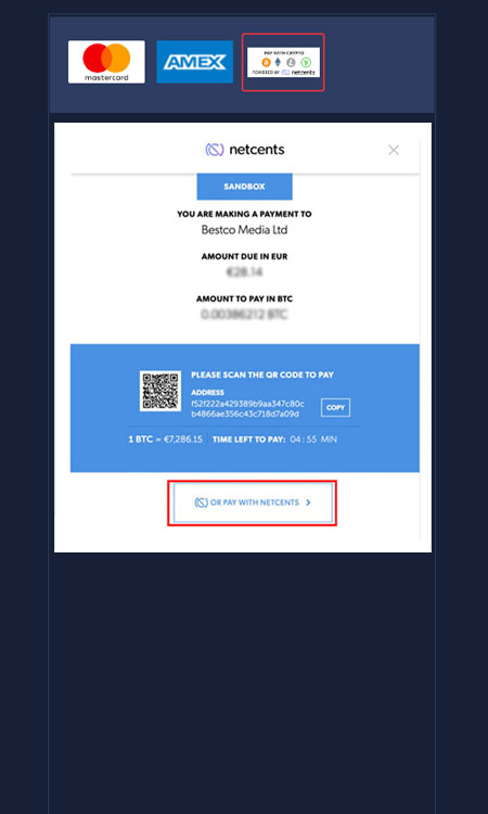 Deposit using Bitcoin powered by netcents